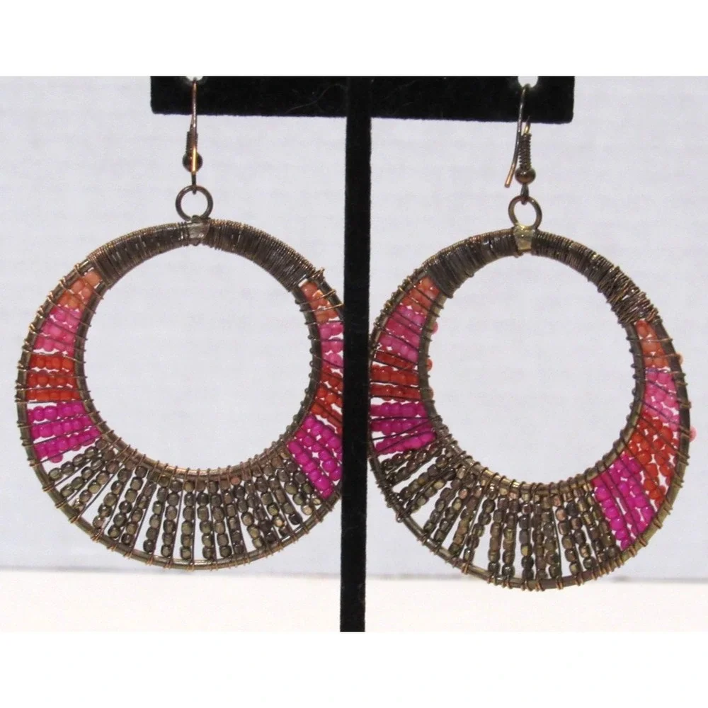 Round Microbead Dangle Circle Earrings Boho Chic Retro Kitschy Ethnic Folk Art